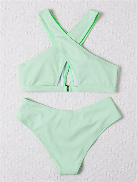 Criss Cross Ribbed Bikini Swimsuit SHEIN USA
