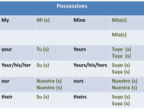 Possessive Adjectives Chart In Spanish