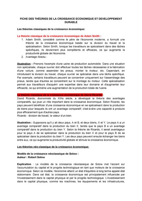 Fiche DES Théories DE LA Croissance Economique ET Developpement Durable