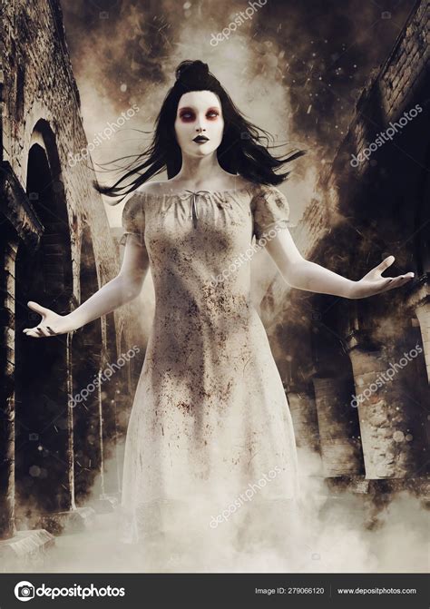 Dark Scene Ghost Girl Standing Mist Ruines Old Abandoned Abbey Stock