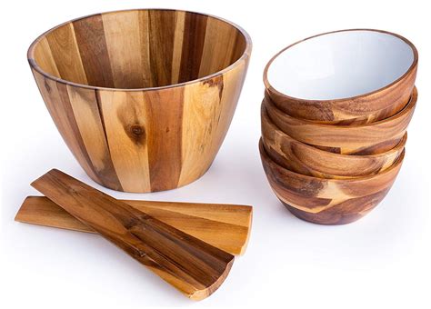 Acacia Wood Salad Bowl 7 Piece Set Salad Bowl 4 Serving Dishes