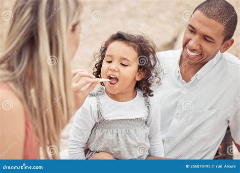 Joyeux Pique Nique Familial Dans La Nature Maman Nourrit Enfant Et Papa