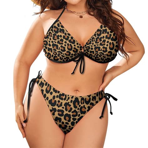 GZHJMY Women Plus Size Triangle Bikini Sets Leopard Pattern Cat Spots Two Piece Straps Halter