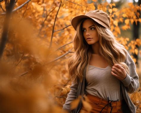 Une Belle Femme Blonde Dans Une Jupe Orange Et Un Chapeau Dans Une Forêt D automne Vecteur Premium
