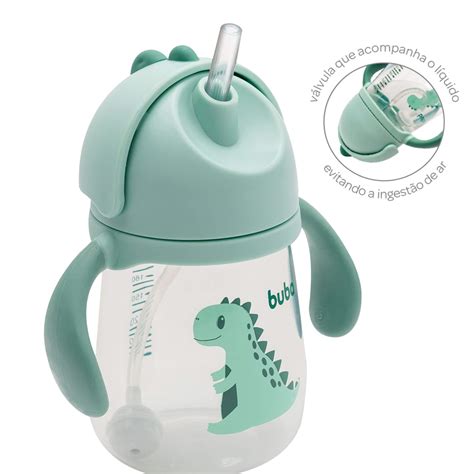 Copo Buba Canudo - Copo Dino com Alça e Canudo Buba 240ml - Verde - Pititóti Baby e Kids