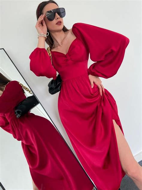 Shein Modely Sweetheart Neck Lantern Sleeve Satin Dress For Sale