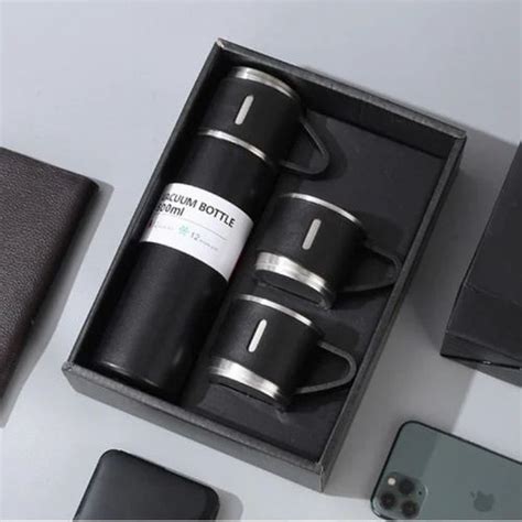 Double Wall Stainless Steel Vacuum Flask Gift Set With Two Cups Hot Cold Black Color At Rs