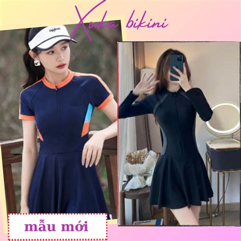 Đồ bơi liền thân nữ váy bikini kín đáo dây khóa kéo kiểu dáng thể thao Xuka Shopee Việt Nam
