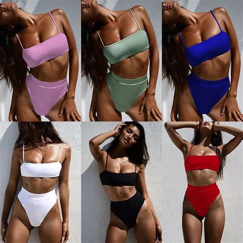 Kleuren Sexy Bikini Effen Badmode Badpak Vrouwen Hoge Taille Bikini Badpak Strand Bikini