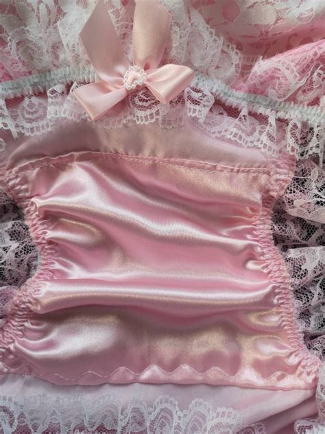 Baby Pink Satin Bikini Style Panties Sissy Knickers With White Lace