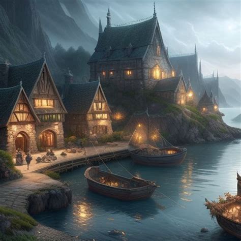 Elven Fishing Village In 2024 Fantasy Village Village Lake Village