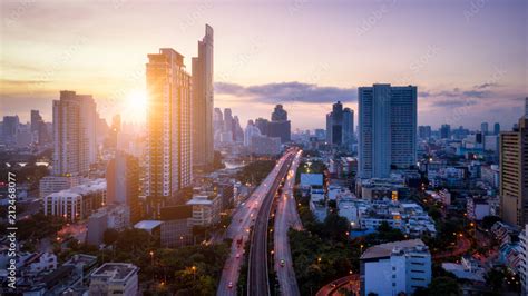 Aerial view of Bangkok skyline panorama and skyscraper with light ...