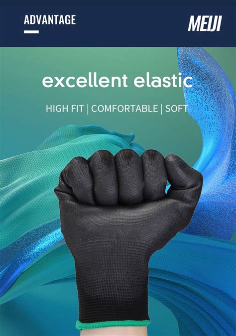 13 Gauge Black Polyester Nylon Black PU Coated Safety Gloves