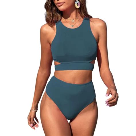 Two Piece Scoop Neck Tank Side Cutout Midkini Stitching Women S Swimsuit Bikini Sets Swim Wear