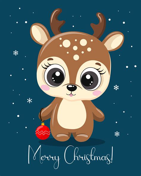Christmas Cartoon Deer With Christmas Toy On A Blue Background Of