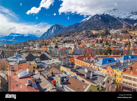 Innsbruck city center under Stadtturm tower. It is capital city of ...
