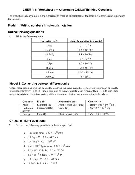 Tutorial 01 - Answers - its the tut answer - CHEM1111 Worksheet 1 ...