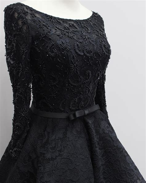 2016 Long Sleeve High Low Prom Dresses Elegant Prom Gowns Sexy Black Lace Evening Dresses Party