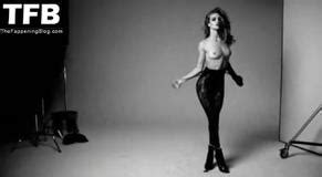 Rosie Huntington Whiteley Sexy Poses Nude Showcasing Her Bare Tits In A Black And White