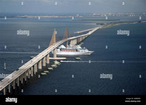 Cruise Ship Entering Tampa Bay Under Sunshine Skyway Bridge Flotida