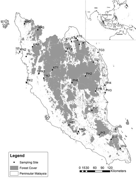 -Map of Peninsular Malaysia showing the 30 lowland tropical rainforest ...