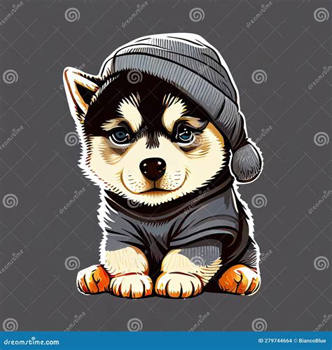 Cute Siberian Husky Comic Wearing A Beanie With Sweater And Hut Stock