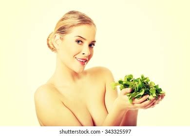 Portrait Happy Nude Woman Holding Lettuce Stock Photo
