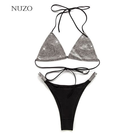 Shiny Hot Diamond Bikini Set Sexy Low Waist Halter Lace Up Women S Street Casual Underwear