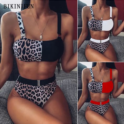 New Sexy Leopard Patchwork Bikini Set Women Waist Belt Swimsuit Metal Buckle Swimwear S L Girl