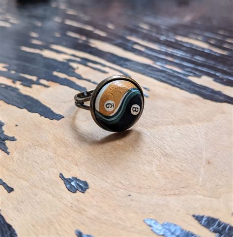 Yin Yang Pool Ball Ring Adjustable Band Rustic Style Black Ball And