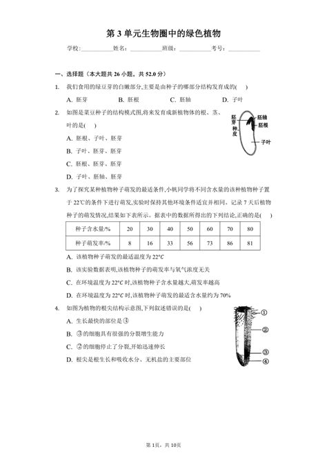 第3单元 生物圈中的绿色植物 2022 2023学年苏教版生物七年级上册单元同步练习（word版 含答案） 21世纪教育网