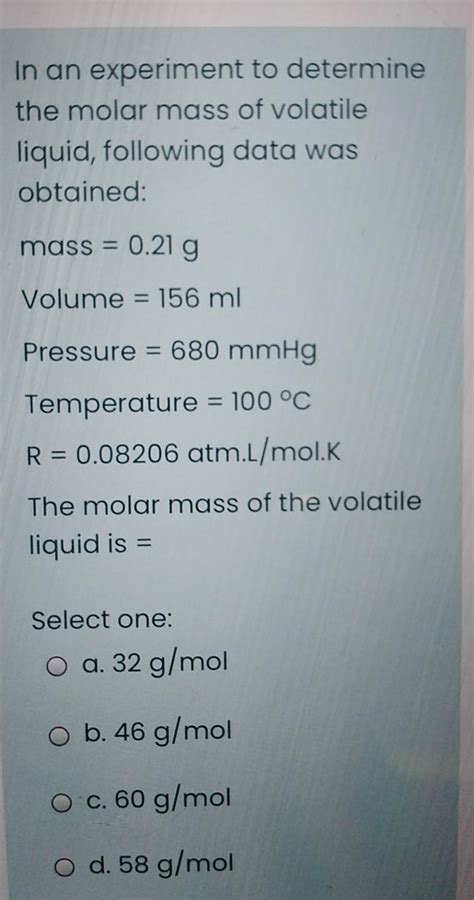 Solved In an experiment to determine the molar mass of | Chegg.com