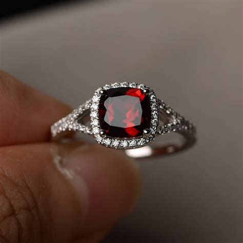 Natural Garnet Ring Promise Ring January Birthstone Cushion - Etsy