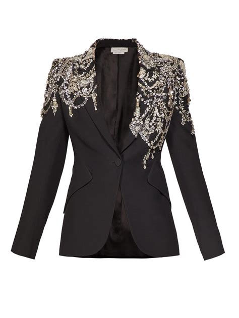 Alexander Mcqueen Crystal Embellished Single Breasted Crepe Blazer In