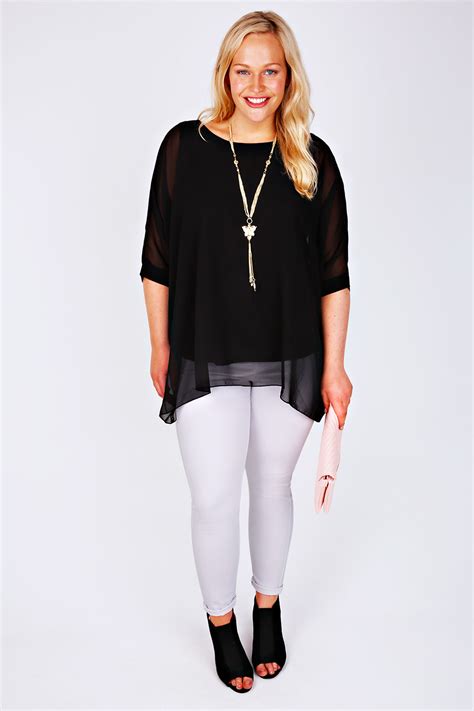 Black Batwing Sleeve Chiffon Top With Necklace Plus Size 14 To 32
