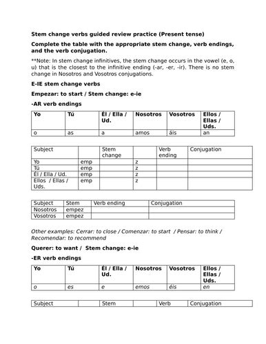Stem Change Verbs Guided Review Practice Present Tense Teaching
