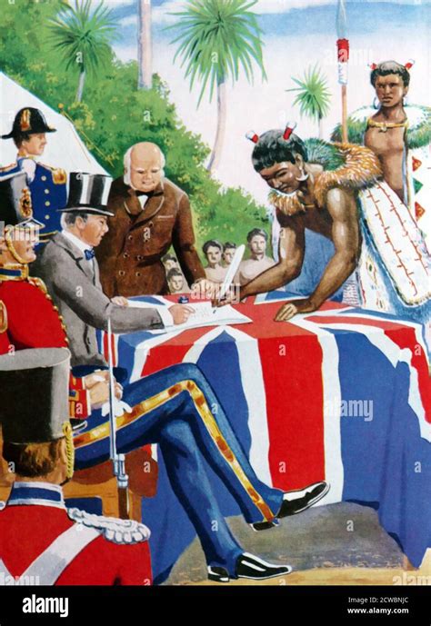 Ilustración que muestra la firma del Tratado de Waitangi el 6 de