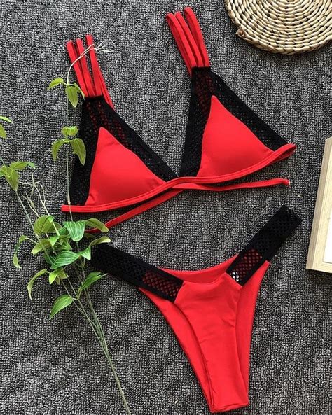 Emmiol Free Shipping Fishnet Lace Up Triangle Bikini Red XL In Bikini Sets Online Store