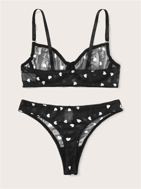 Heart Pattern Mesh Underwire Lingerie Set Shein Uk