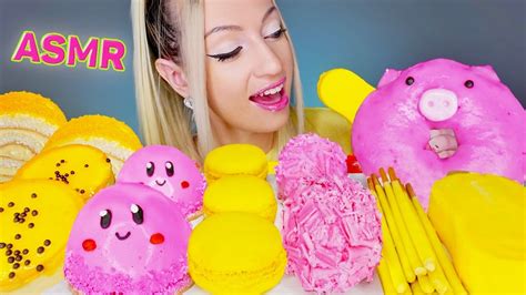 Asmr Eating Pink And Yellow Desserts Ice Cream Cake Donut Mukbang 컬러