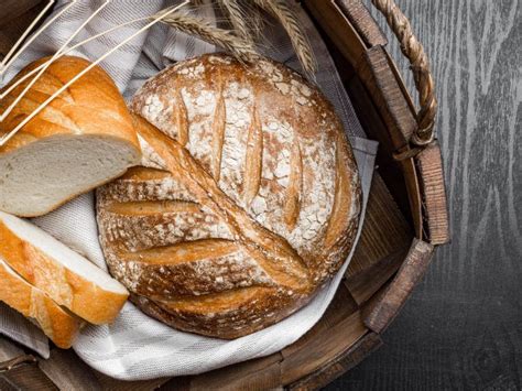 Freshly Baked Bread In Basket On Dark Gray Kitchen Table Top View Copy