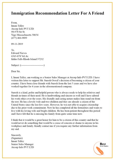 Immigration Recommendation Letter For A Friend Best Letter Template