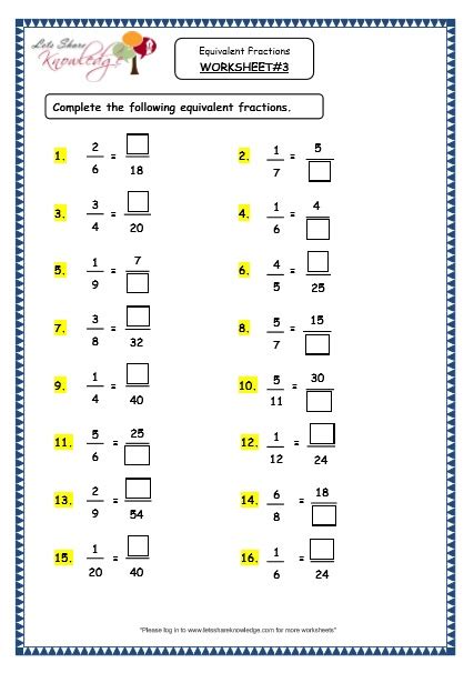 Grade 4 Maths Resources 2 2 Equivalent Fractions Printable Worksheets Lets Share Knowledge