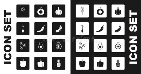 Set Garlic Hot Chili Pepper Pod Fresh Green Onions Spinach Cucumber Peach Fruit Tomato And