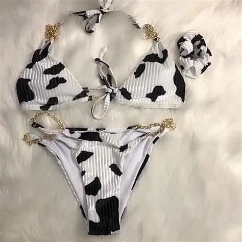 Metal Chain Bikini Set Halter Cow Print Swimwear Women Sexy Swimsuit Sexy Lingerie And
