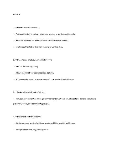 Policy - Summary Global health - POLICY Health Policy Concept: Policy