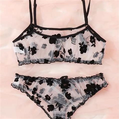 Mesh See Through Floral Print Lingerie Set Two Depop