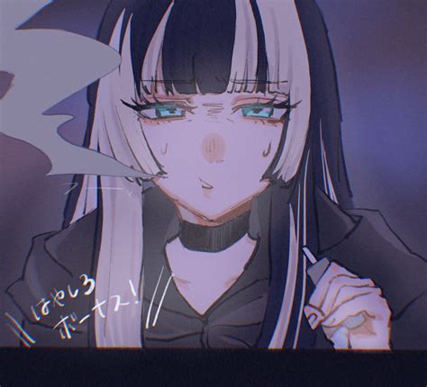 Safebooru 1girl Black Choker Black Eyeliner Black Hair Black Shirt Blue Eyes Blunt Bangs