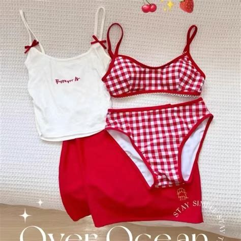 Gwenny S M L Bộ bikini Hàn Quốc kẻ sọc đỏ áo tắm nữ Shopee Việt Nam