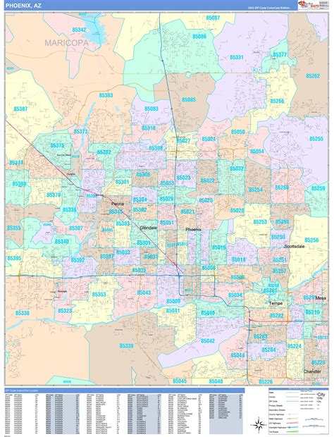Color Cast Zip Code Style Wall Map of Phoenix, AZ by Marke...
